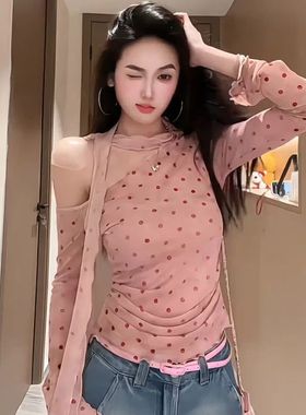 韩系甜辣妹波点网纱斜肩长袖t恤女秋冬设计感修身内搭打底衫上衣