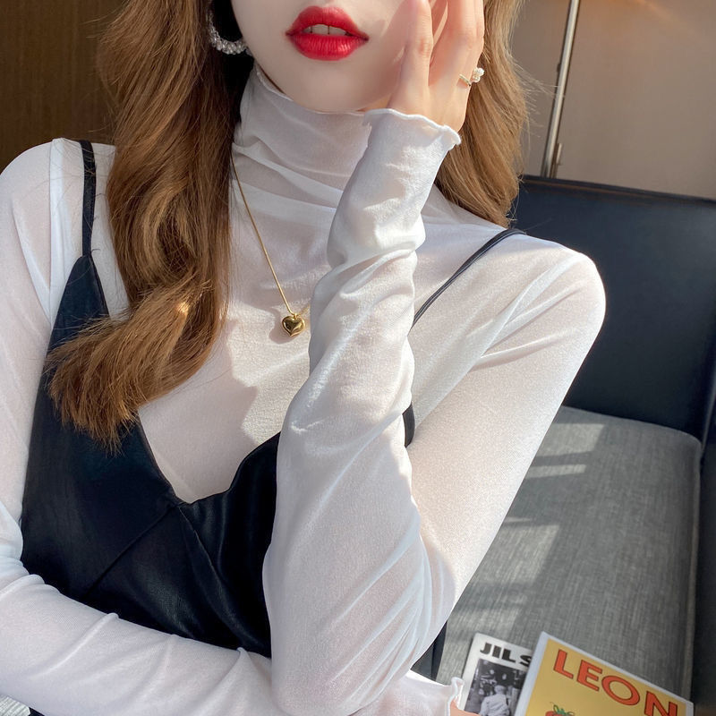捡漏特价剪镖外贸折扣女装网纱打底衫女长袖内搭纱衣薄款高领上衣