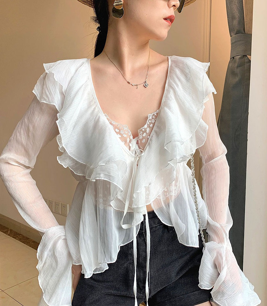 捡漏特价剪镖外贸折扣女装喇叭袖轻薄花边防晒罩衫吊带外搭开衫潮