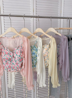 捡漏特价剪镖外贸折扣女装荷叶边碎花系带长袖网纱小防晒衫外套女