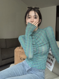 长袖 捡漏特价 木耳边辣妹修身 纯欲网纱女秋季 上衣 剪镖外贸折扣女装