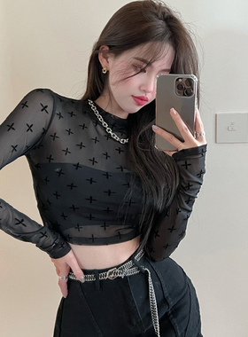捡漏特价剪镖外贸折扣女装长袖防晒衣内搭T恤女ins十字网纱打底衫