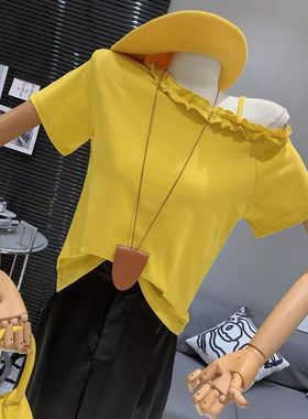 红色斜肩短袖t恤女2025新款今年流行的女装