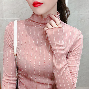 打底衫 秋冬半高领木耳边雪纺亮丝长袖 女 剪镖外贸折扣女装 捡漏特价