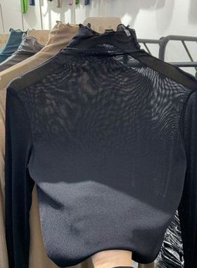 捡漏特价剪镖外贸折扣女装网纱蕾丝长袖打底衫女半高领内搭薄上衣