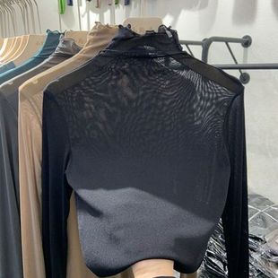 打底衫 网纱蕾丝长袖 女半高领内搭薄上衣 剪镖外贸折扣女装 捡漏特价