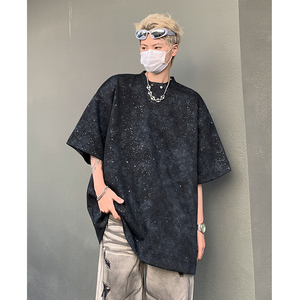 夏季小众细闪设计感垫肩短袖T恤水洗做旧扎染半袖-H86099-P55图片