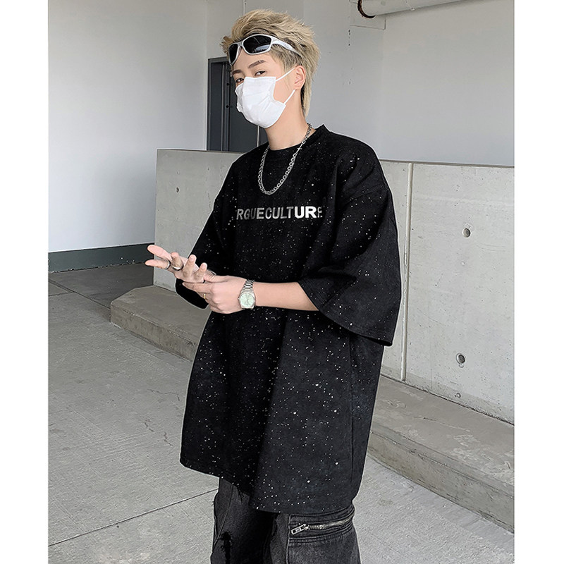 重磅水洗做旧银河圆领短袖T恤字母宽松男女星空半袖-H86047-P68,男装T恤,电商B289