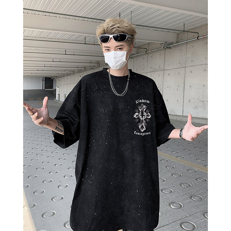 重磅T恤男夏季水洗做旧满天星短袖十字架美式高街体恤衫H6633-P48,男装T恤,电商B289