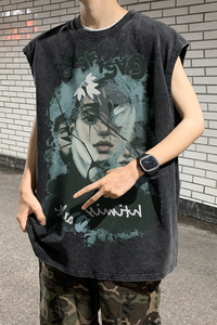 抖音供货、230克现货水洗棉印花宽松版无袖背心B289-BX11-P35图片