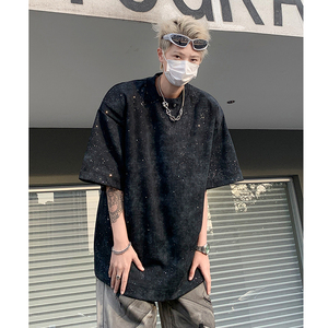 夏季小众细闪设计感垫肩短袖T恤水洗做旧扎染半袖-H86099-P55