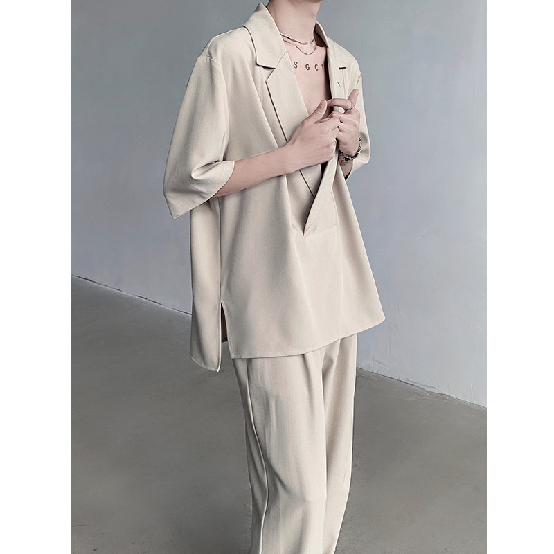 夏季高级翻领套头短袖休闲西服套装-HB1569-P75西裤-K8567-P55,男装西服,电商B289