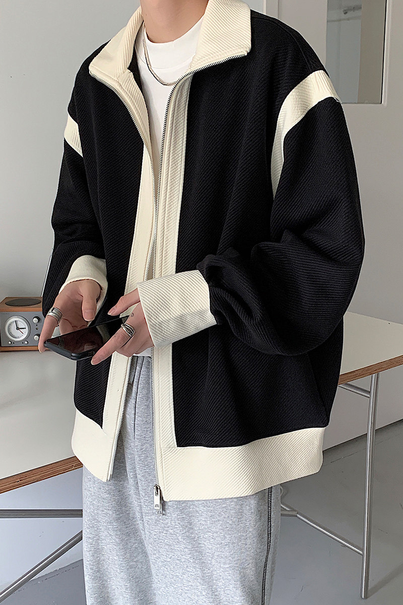 秋冬双拉链设计翻领宽松拼色宽松夹克男女外套B289-JK03-P105,男装夹克,电商B289