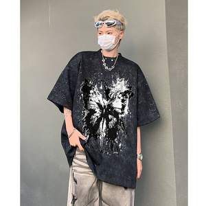 夏季重磅满天星水洗做旧垫肩短袖T恤蝴蝶印花半袖B289-H86098-P60图片