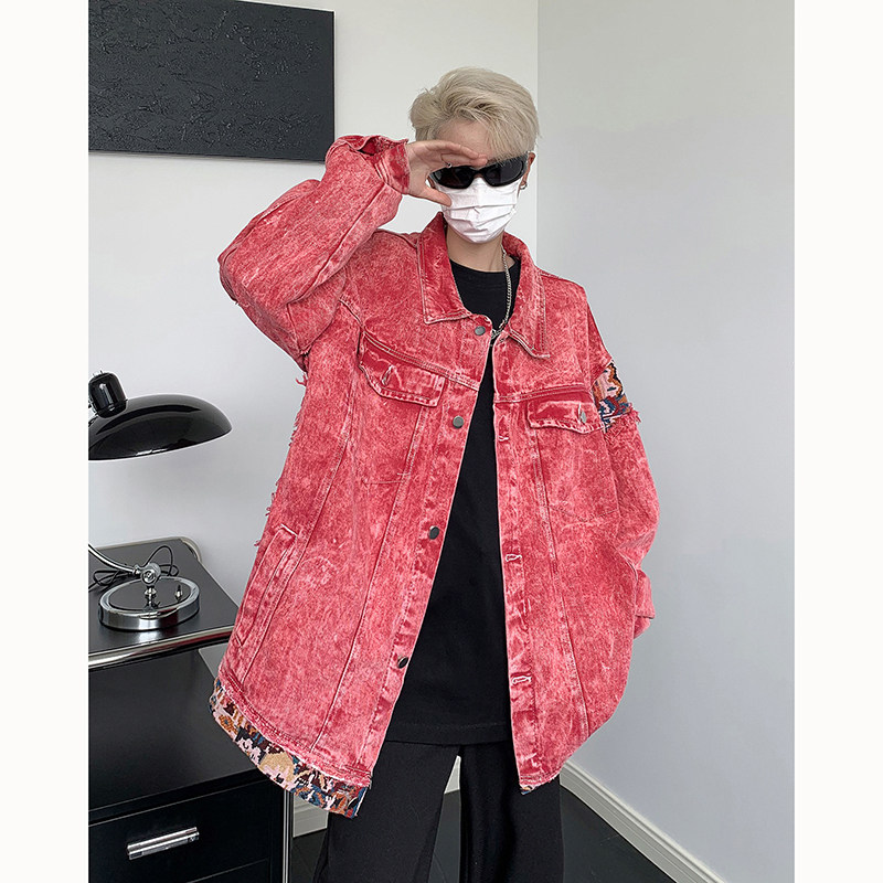 粉色水洗拼接牛仔外套男女情侣棒球服翻领夹克外套B289-NZ146-P98,男装工装外套,电商B289