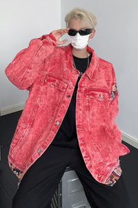 粉色水洗拼接牛仔外套男女情侣棒球服翻领夹克外套B289-NZ146-P98图片
