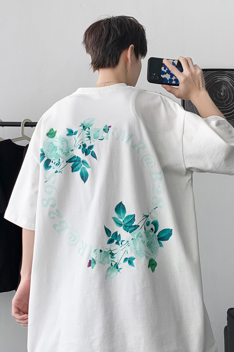 夏季个性玫瑰花印花潮牌短袖T恤B289-2028-P28,男装T恤,电商B289