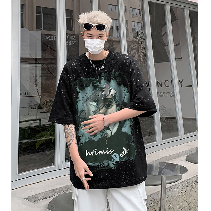 美式夏季重磅满天星卡通印花涂鸦宽松短袖男女T恤B289-H8701-P45,男装T恤,电商B289