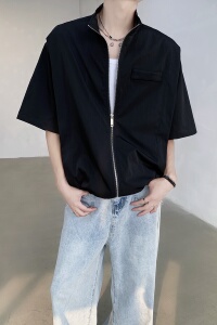 双拉链设计薄款防晒衣短袖立领夹克男女衬衣外套B289-B1116-P75图片