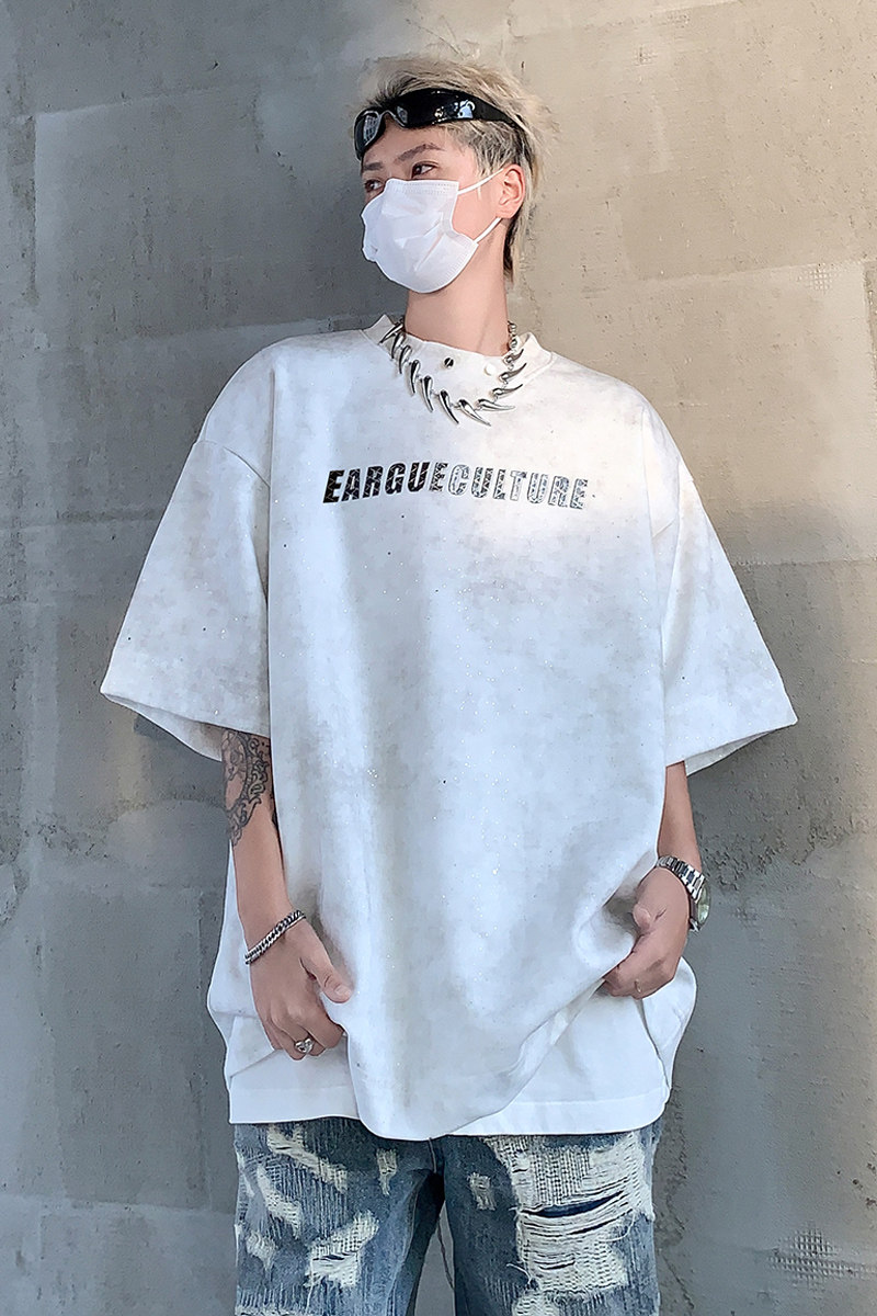 夏季小众水洗做旧满天星垫肩短袖T恤金属印花男女半袖-H86089-P60,男装T恤,电商B289