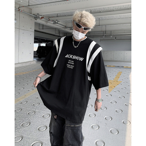 美式高街假两件拼接重磅垫肩短袖T恤男宽松半袖体恤B289-H610-P68图片