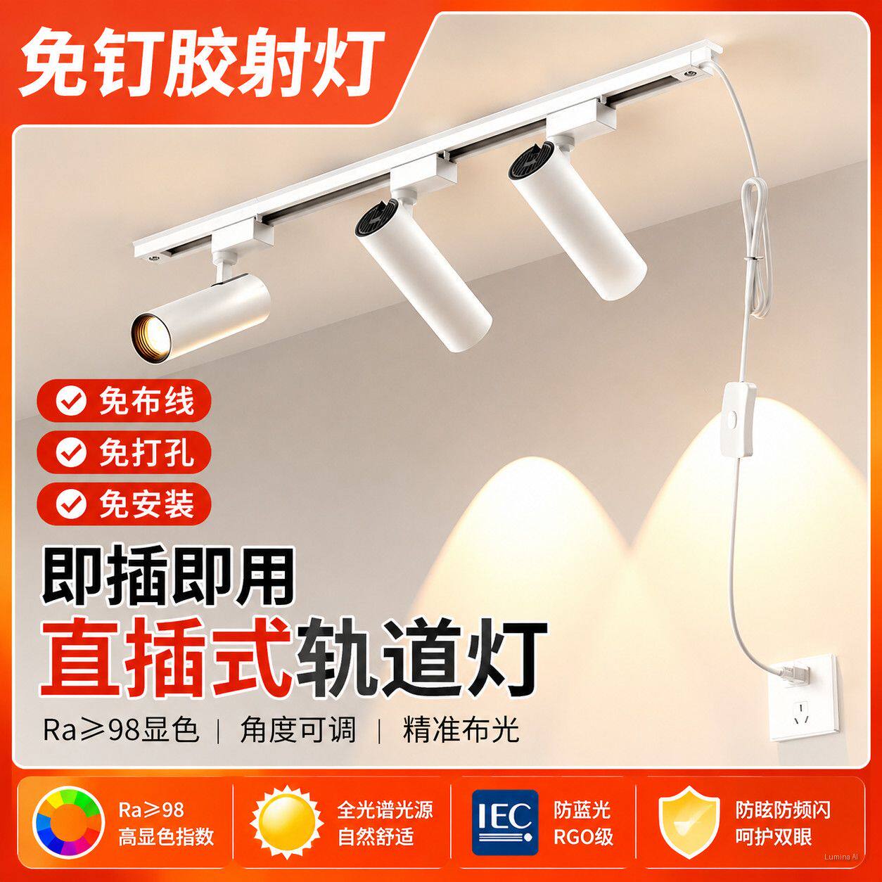 免打孔射灯led轨道射灯直播免接线服装店专用灯直插式免布线自粘