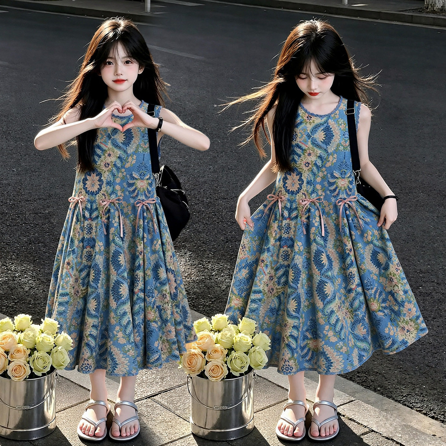 法式气质蓝色碎花背心连衣裙女2026夏季新款独特超好看无袖长裙子