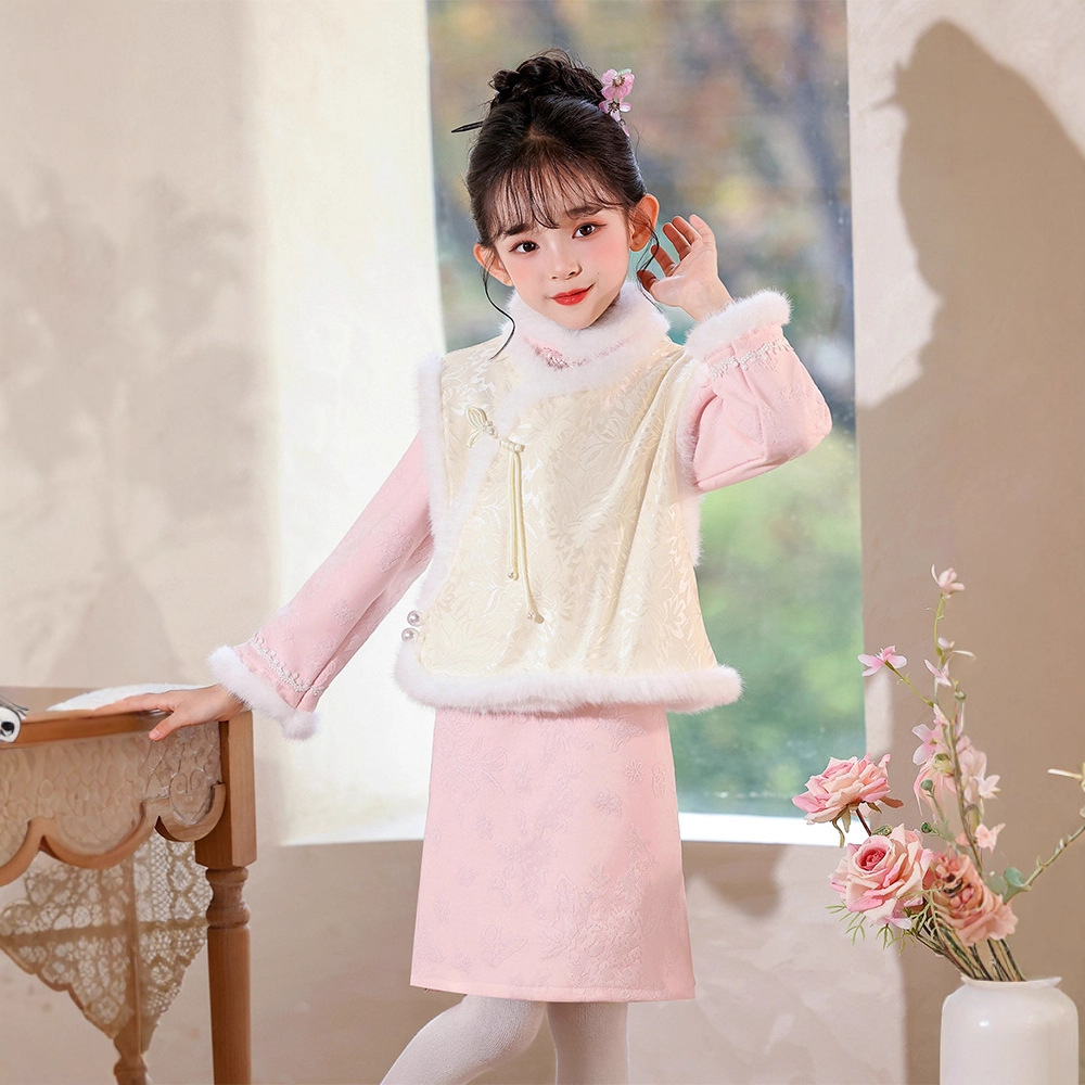 女童旗袍马甲两件套2025冬季新款国风旗袍连衣裙加绒唐装旗袍套装