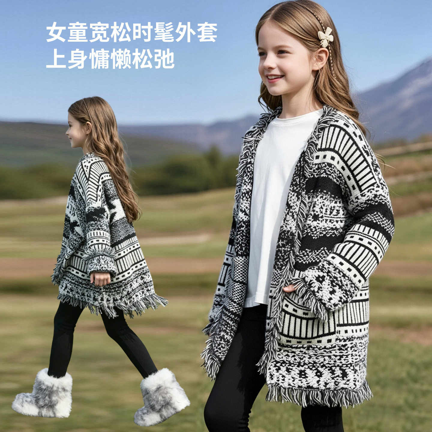 针织女童开衫大衣外套2026秋冬季新款重工流苏中长款儿童毛衣外套