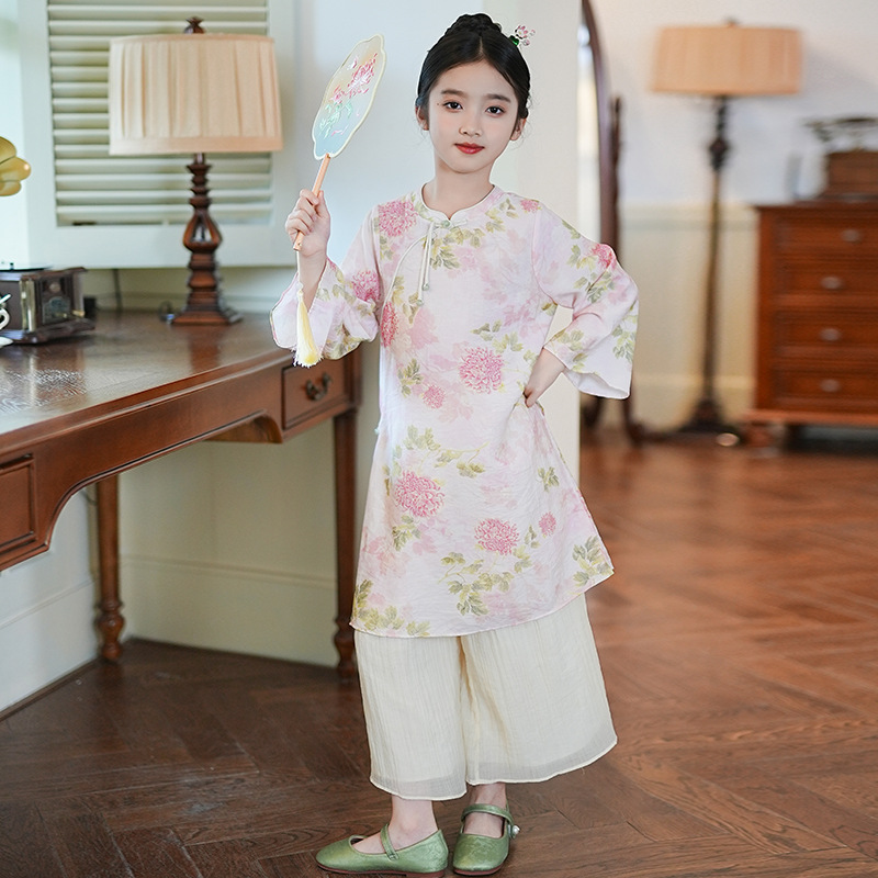 0769552新中式两件套女童装夏款盘扣印花上衣裤子古风演出服套装