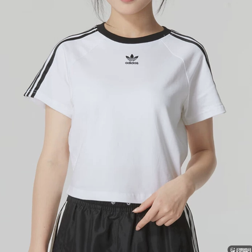 adidas阿迪达斯三叶草女T恤春夏三条纹短款高腰短袖运动服JC8704
