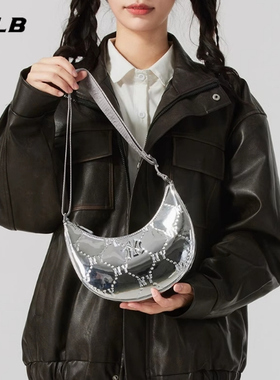 MLB单肩包儿童女包2025秋冬款运动拎包银色亮面斜挎包7ACRMD75N