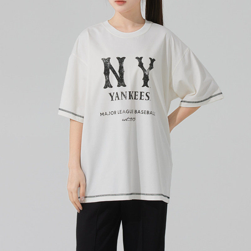 MLBNY白色短袖2025夏季新款男女情侣装透气运动服T恤衫3ATSB1153