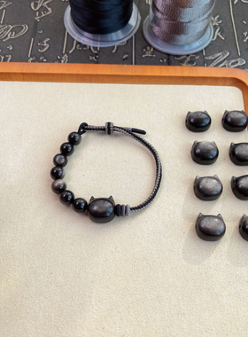 原创天然半珠半绳银曜石编织绳无脸猫咪手绳轻奢小众精致情侣款