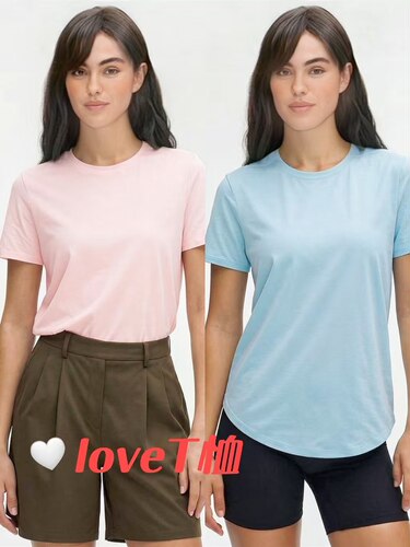 L*U原版面料专柜同款LOVE t恤棉圆弧上衣瑜伽正肩显瘦短袖女夏