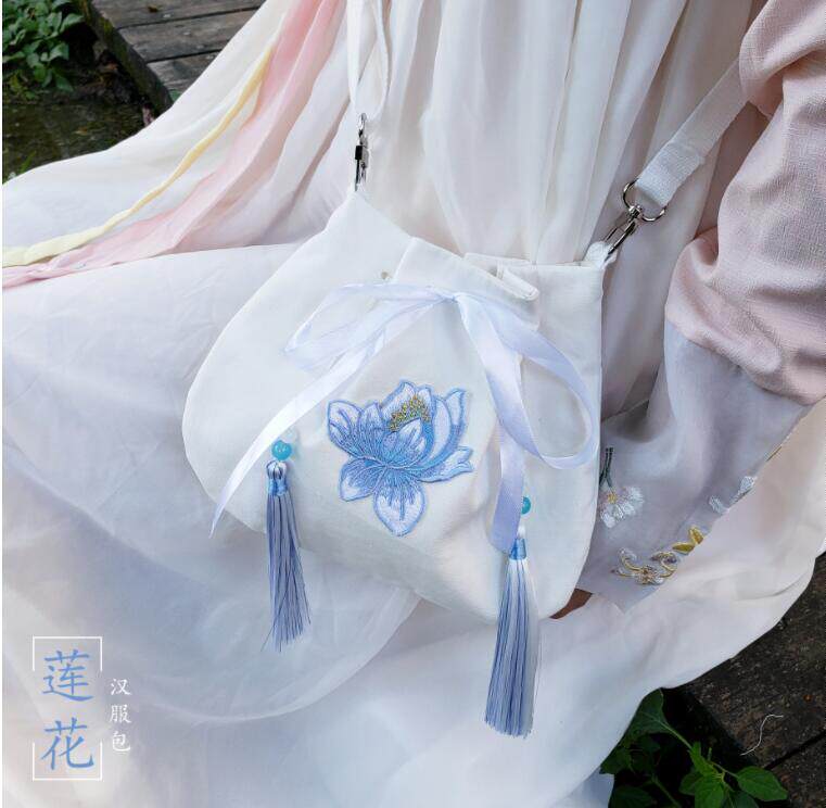 莲花刺绣花古风汉服包斜跨包中国风流苏包古装荷包古代女包荷花袋
