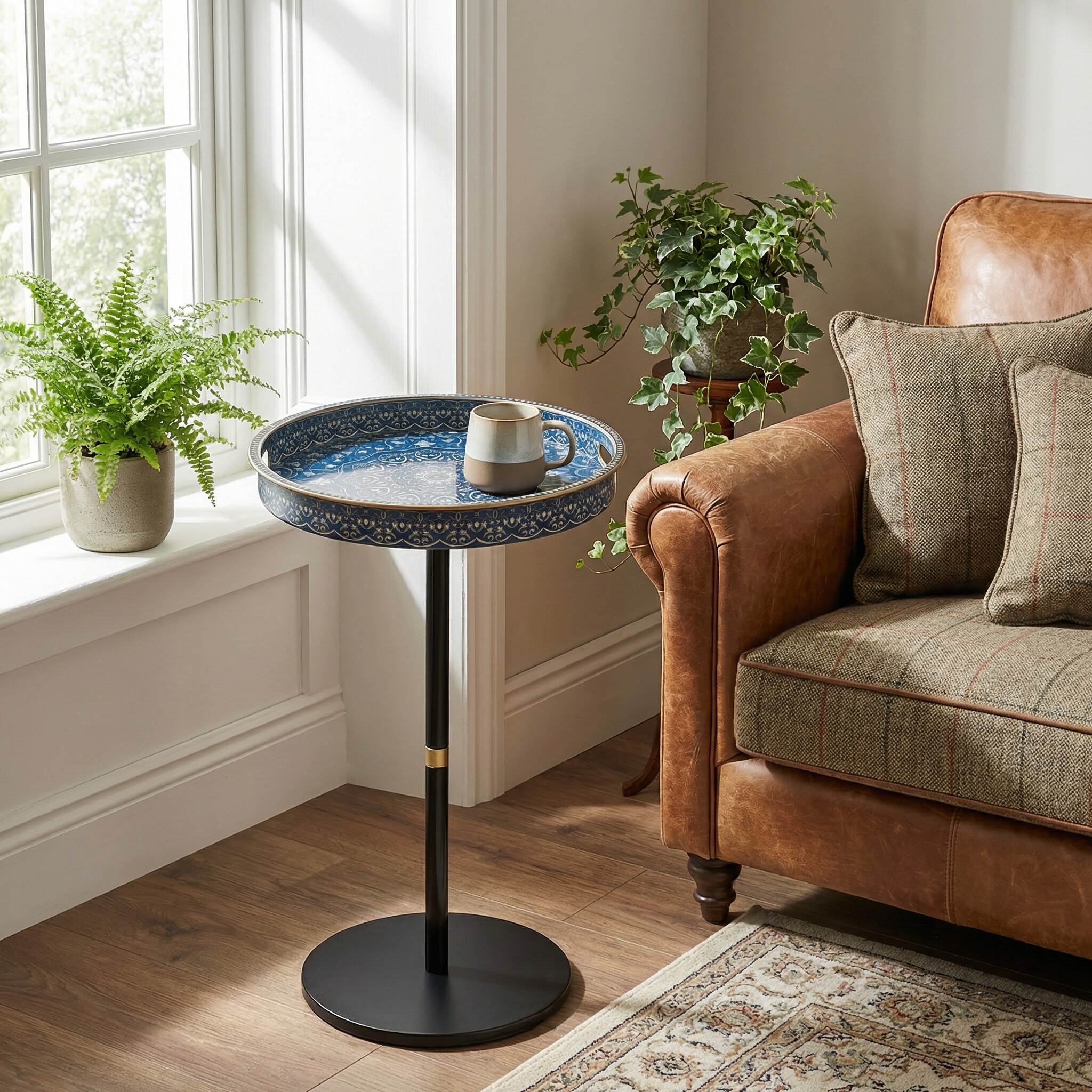 摩洛哥蓝色花纹边桌 轻奢复古圆形小边几 榉木桌腿 客厅沙发角几