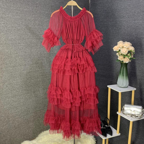 法式褶皱收腰喇叭袖网纱蛋糕连衣裙女显瘦优雅礼服长裙时尚气质