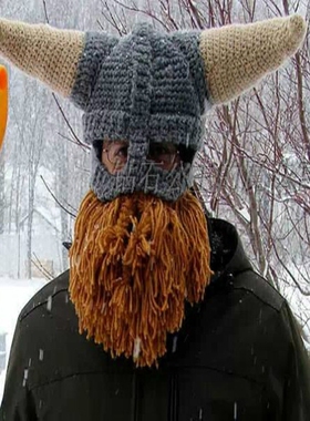 秋冬新款纯手工编织雷人牛角大胡子帽子异形搞怪毛线针织帽男女式