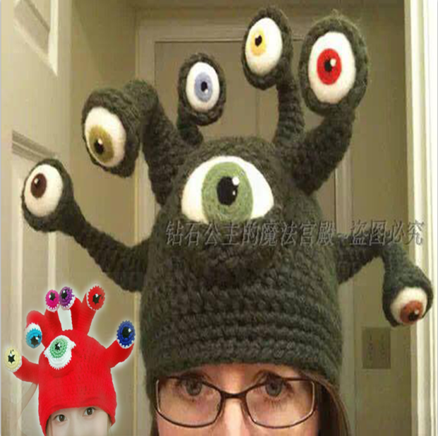 纯手工原创眼睛怪章鱼怪毛线帽子针织帽子欧美爆款男女冬季亲子款