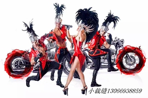 新款酒吧夜店DS表演舞派对红色性感羽毛头饰夸张演出服饰