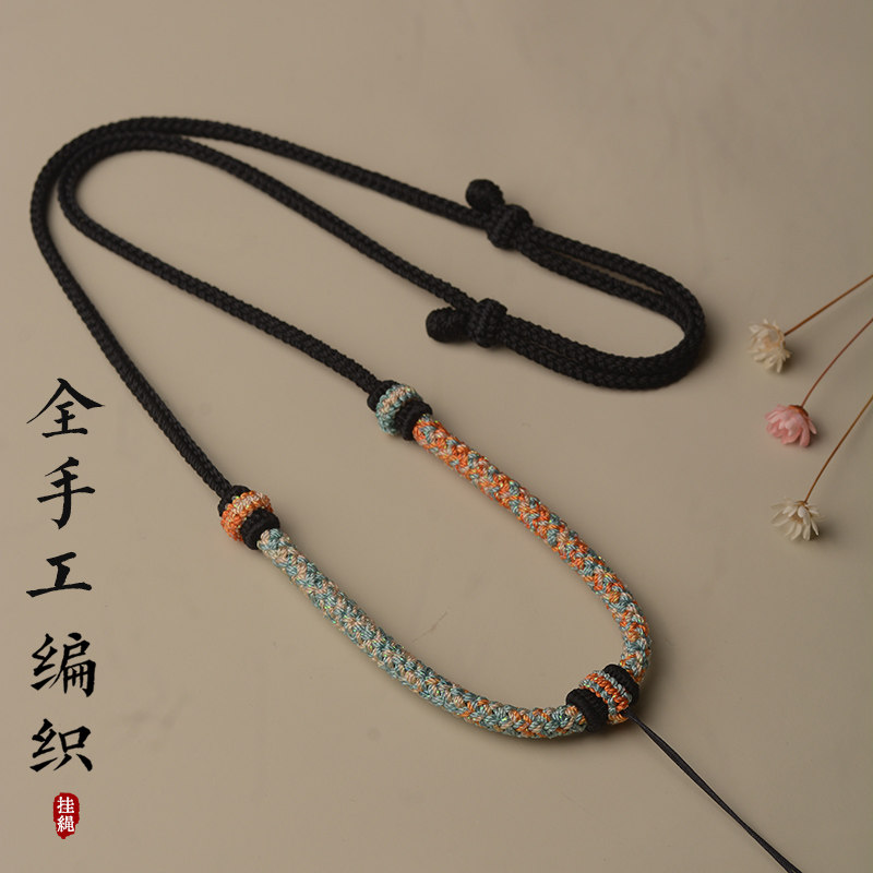 纯手工八股辩吊坠挂绳高级翡翠玉石蜜蜡黄金平安扣挂绳挂脖可调节