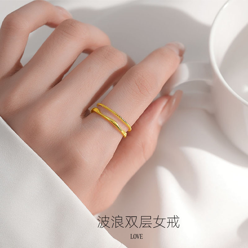 新款波浪纯银戒指S925银麻花戒指双层设计指环小众高级感开口戒圈