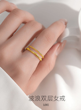 新款波浪纯银戒指S925银麻花戒指双层设计指环小众高级感开口戒圈