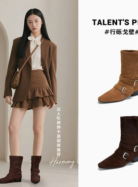 新款复古绒面短靴2025秋冬洋气马丁靴休闲尖头西部牛仔扣带女