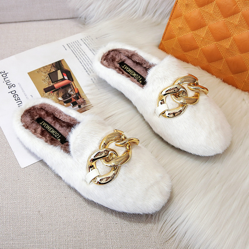 CH-1惠东易鑫达毛拖鞋女2025新款大金扣毛拖鞋平底圆头加绒棉鞋女