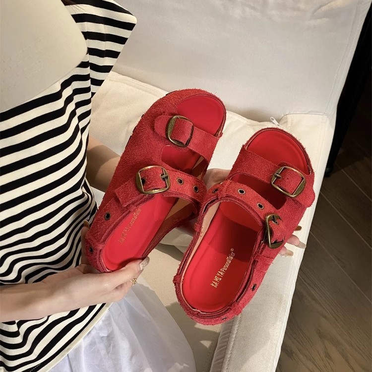 多巴胺彩色真皮厚底勃肯拖鞋女2025夏季休闲百搭皮带扣凉拖女外