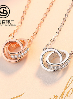 s925银项链女时尚玫瑰金圆环环相扣项链双环镶钻短款锁骨链套链
