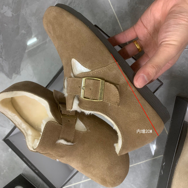 真皮博肯鞋女内增高厚底女鞋冬加绒加厚大头鞋毛毛鞋外穿女士