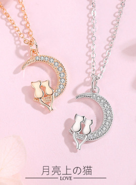 月亮上的猫项链女s925纯银锁骨链小众设计感潮轻奢吊坠冷淡风